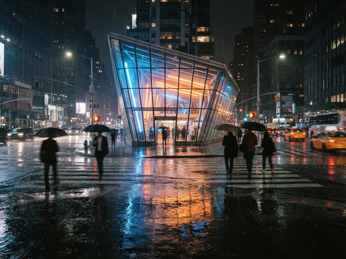 A sleek glass pavilion glows with vibrant blue and amber light on a rain-slicked city street.