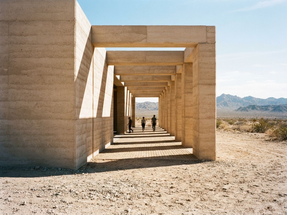 A minimalist rammed-earth structure stands in a bright desert courtyard under direct sunlight.