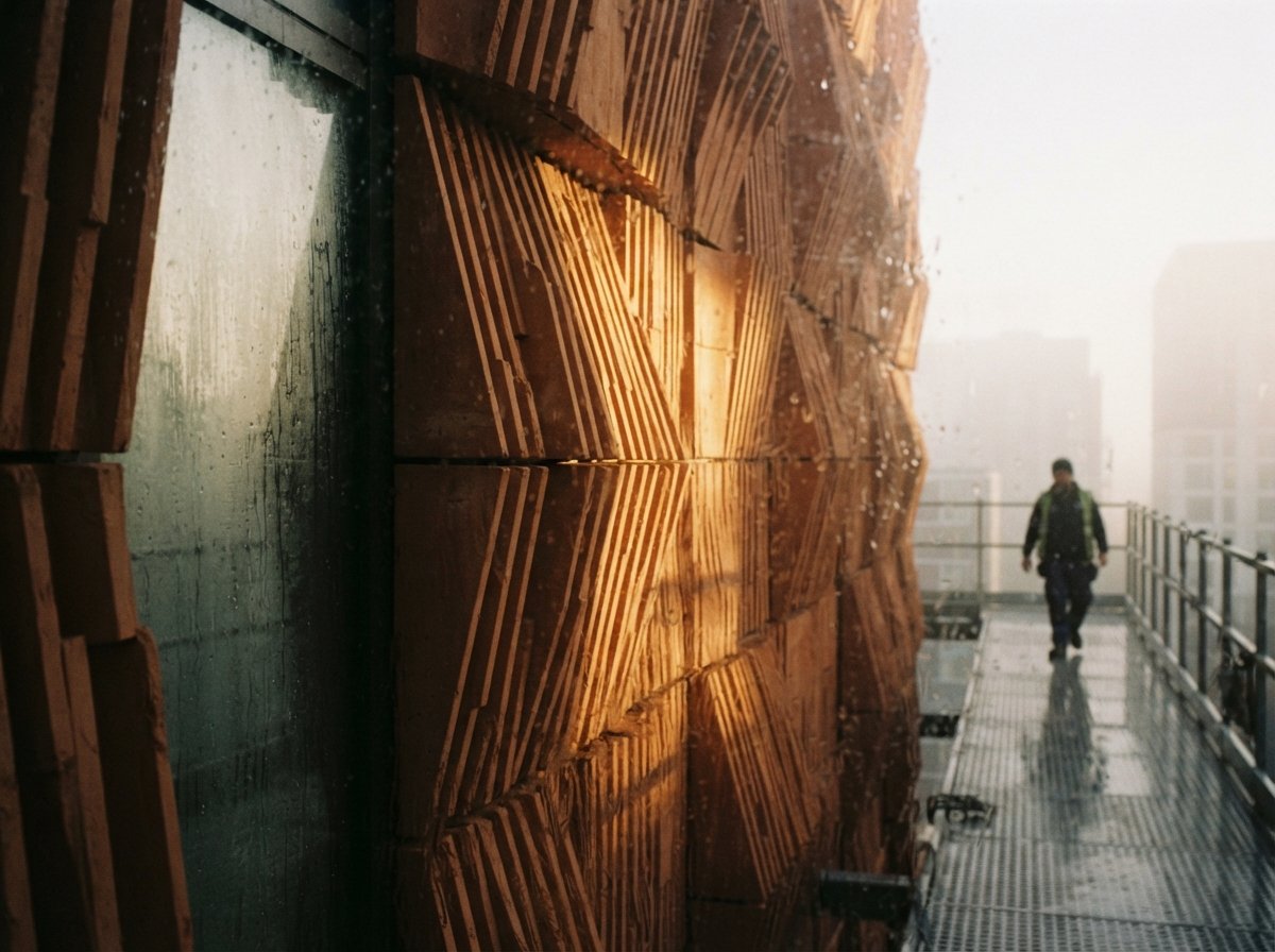 Close-up macro of ribbed terracotta panels catching early morning sunlight behind condensation-covered glass.