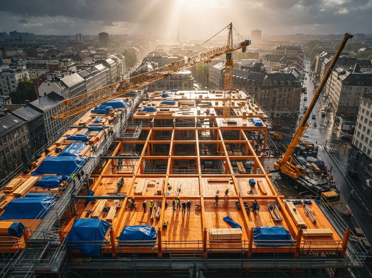 Top-down aerial view of a mass timber construction site illuminated by a break in storm clouds.