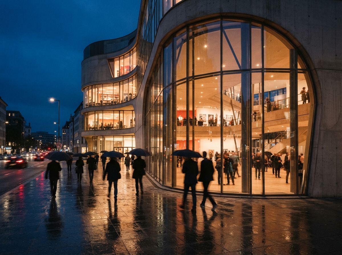 A multi-story contemporary glass building rendered at twilight with wet pavement reflections and passing pedestrians.