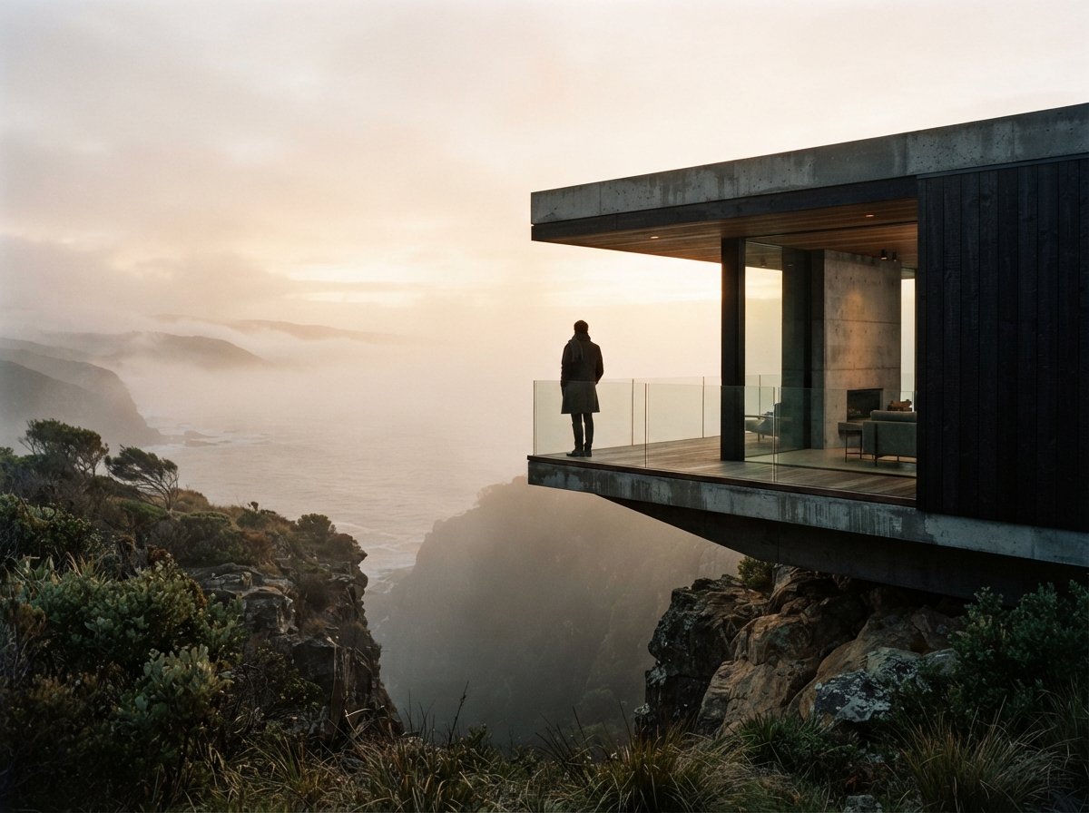 A modern cantilevered timber and concrete pavilion perched above a misty valley at golden hour.