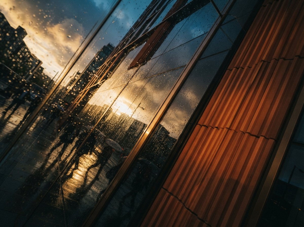 Close-up shot of fluted terracotta and mirrored glass facade reflecting a post-rain golden hour sky.