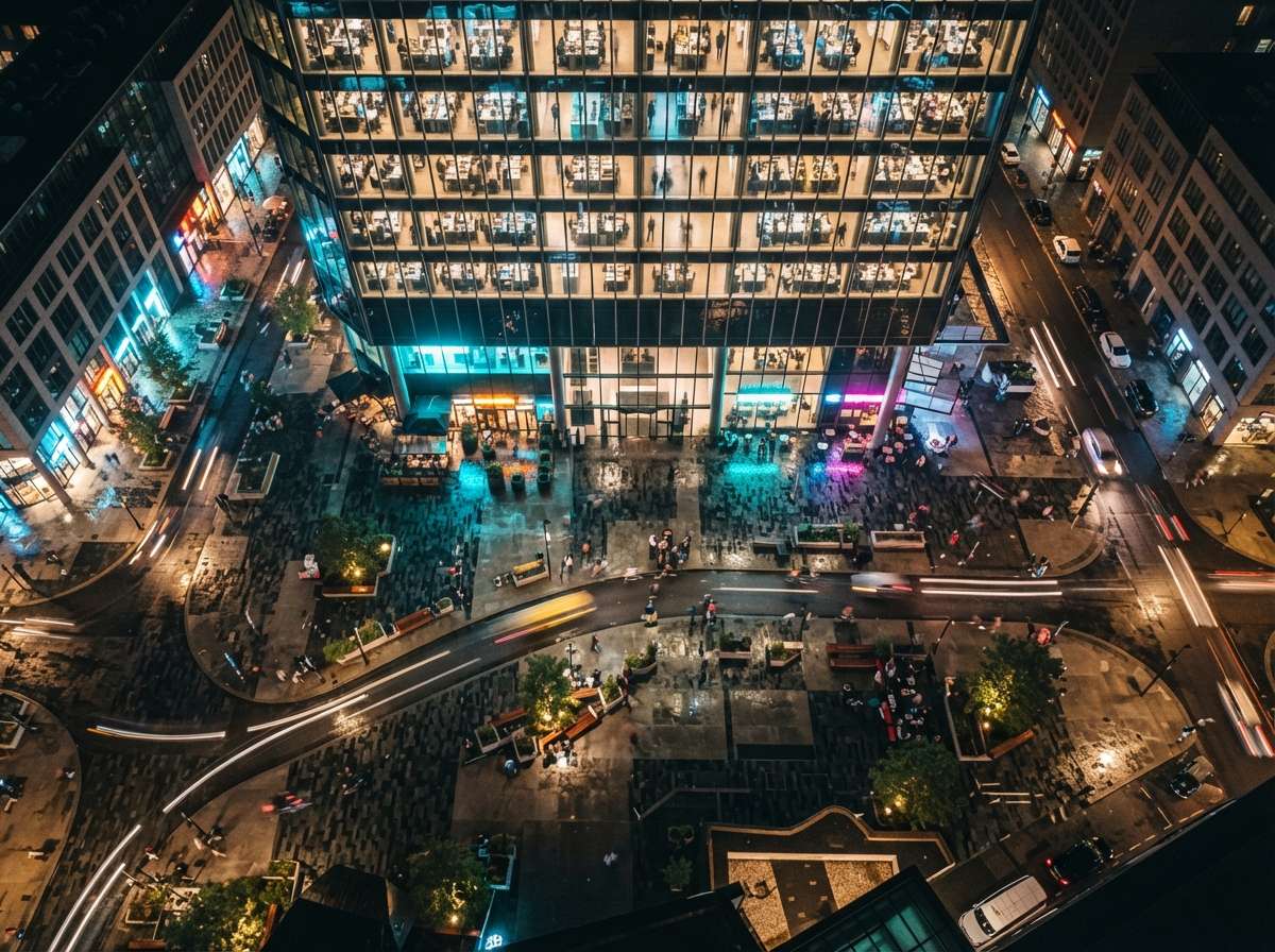 Top-down view of a wet plaza at night illuminated by neon light spill and interior building lights.
