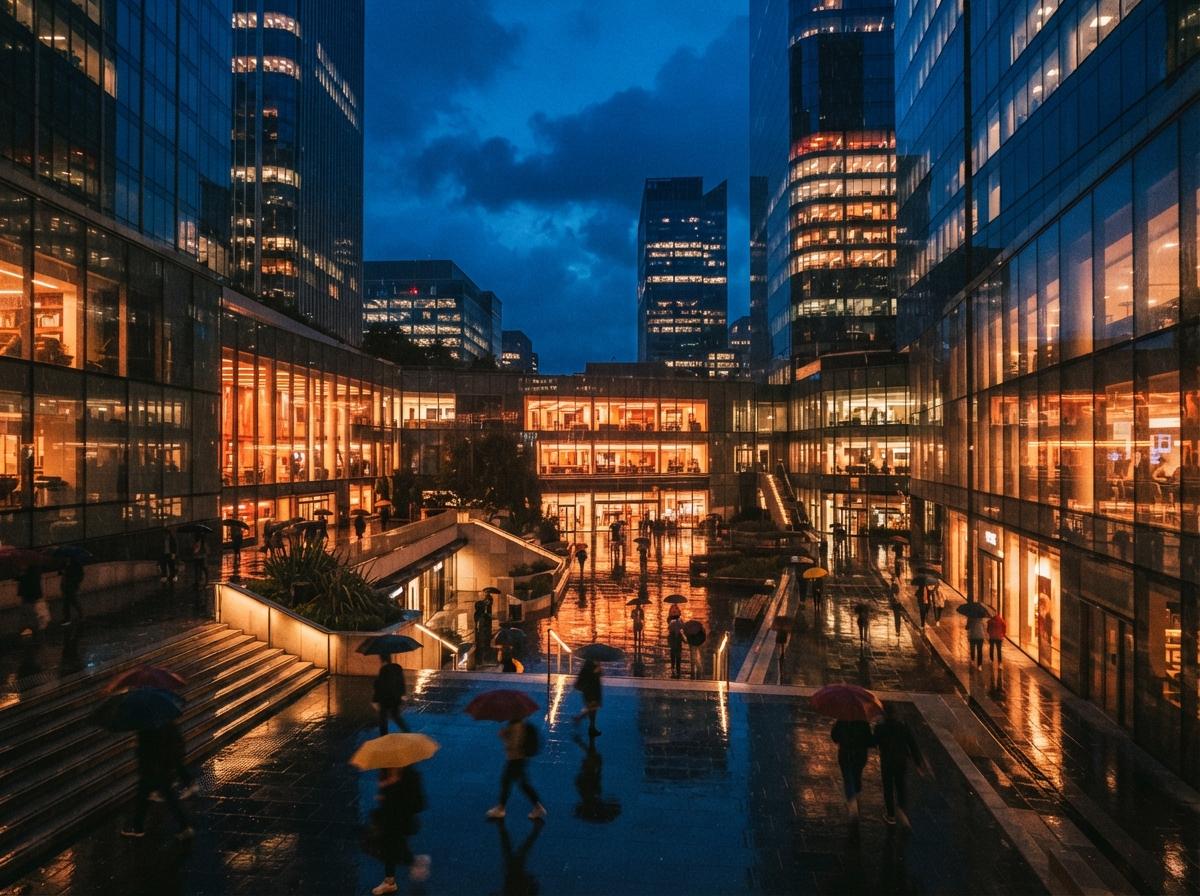 Pedestrians with umbrellas cross a rain-slicked urban plaza bathed in blue and orange light at night.