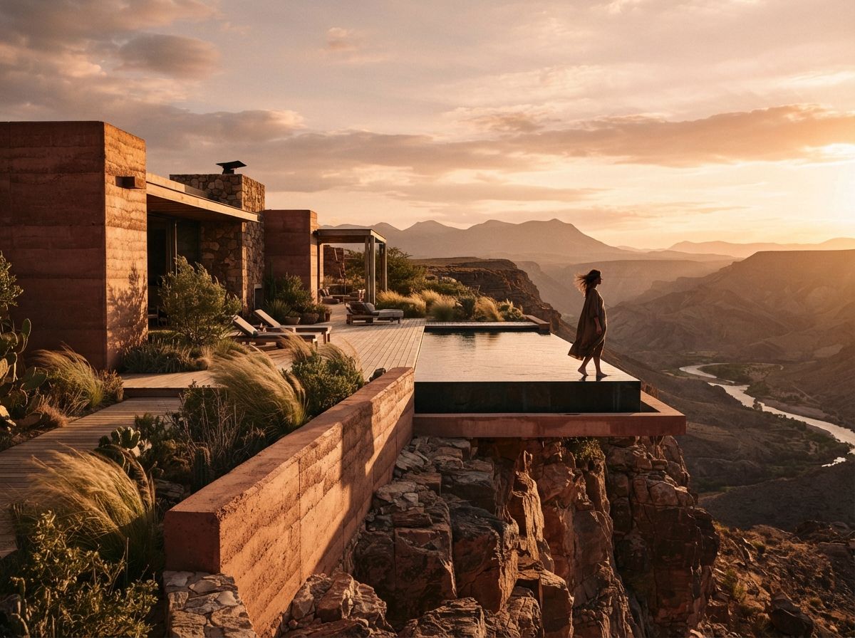 A cantilevered rammed-earth villa stands on a desert cliff during golden hour.