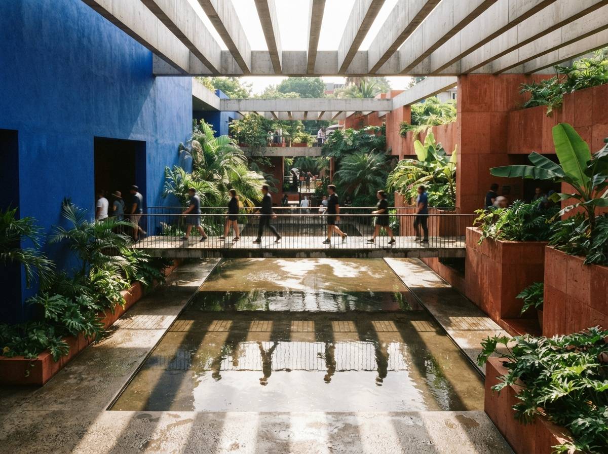Visitors walk across an elevated walkway in a vibrant cobalt and terracotta modern courtyard.