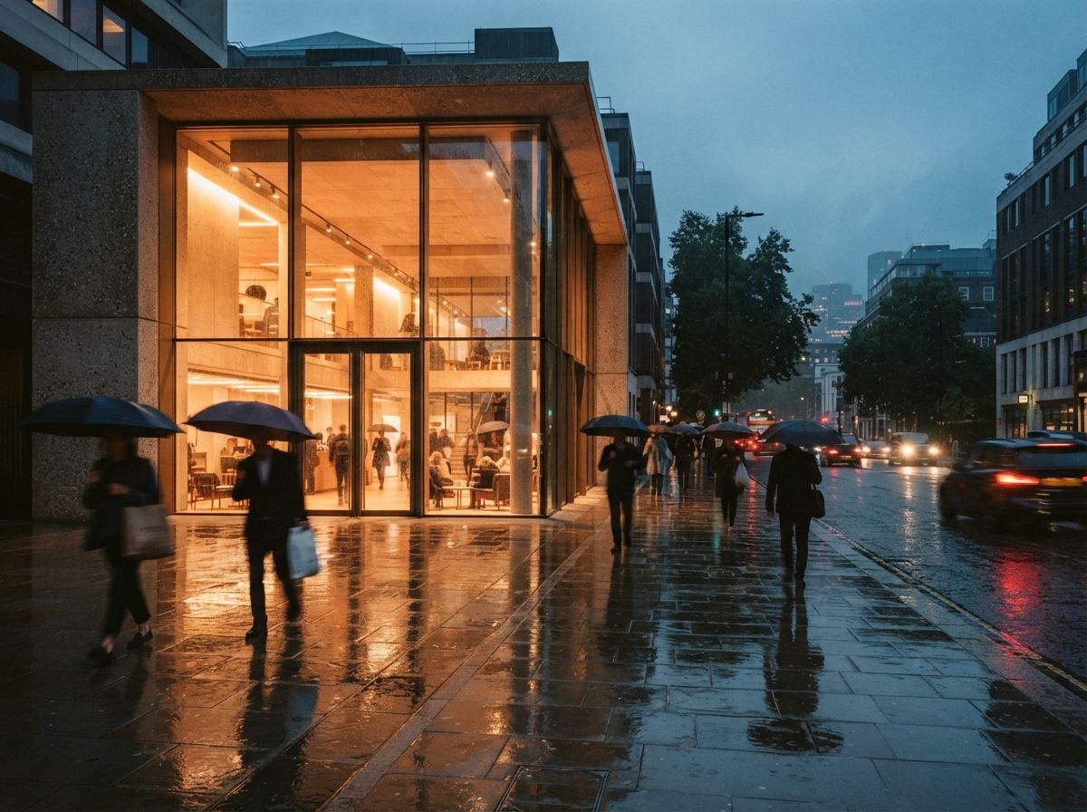 Pedestrians with umbrellas walk past a glowing glass architectural pavilion on a rainy evening.