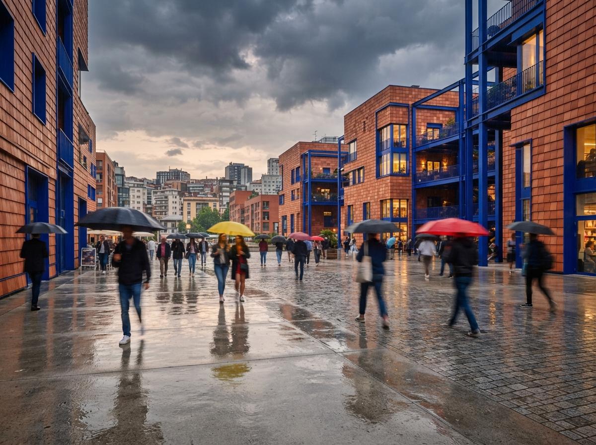 Pedestrians with umbrellas walk past a wet urban plaza with vibrant terracotta and cobalt modern facades.