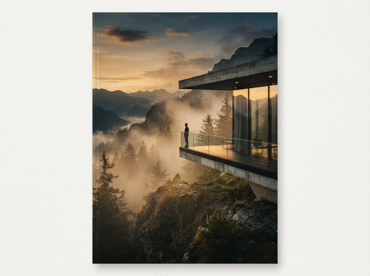 A modern cantilevered pavilion atop a misty mountain ridge illuminated by golden hour light.
