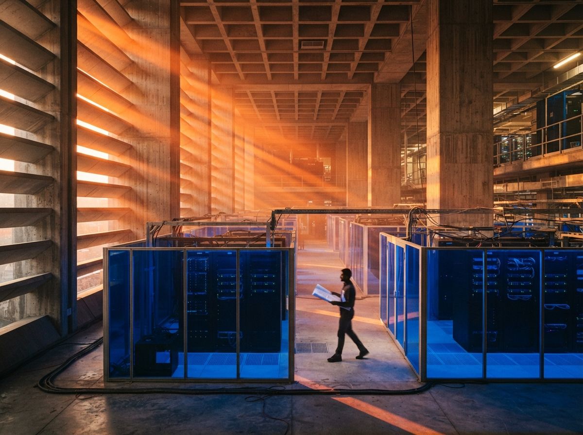 Sunlight streams past vibrant blue glass panels and server racks in a concrete rendering lab.