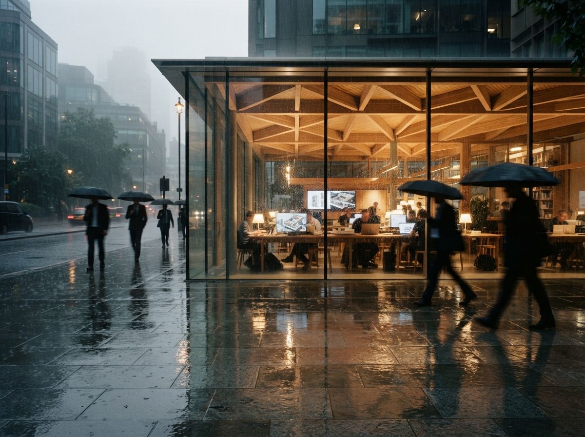 A rain-slicked street scene looking into a brightly lit architectural workspace with people inside.