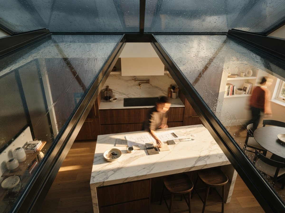 A top-down view through a wet glass skylight reveals a sunlit modern kitchen with a marble countertop.
