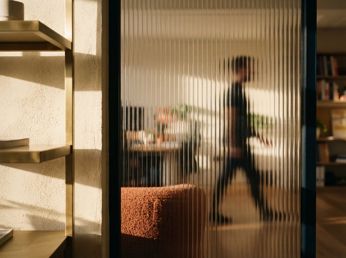 A close-up photograph of raking light on textured plaster and brass seen through fluted glass.