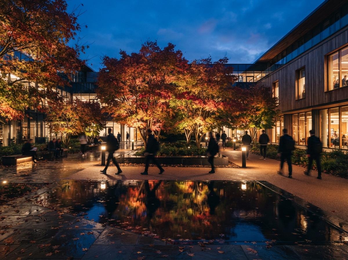 An urban courtyard filled with bright red and copper autumn foliage reflected in a dark water feature at twilight.