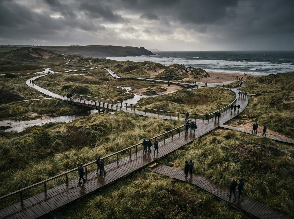An elevated aerial view of wooden walkways traversing coastal sand dunes under a cloudy sky.