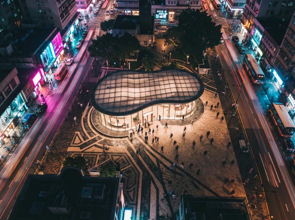 A top-down aerial view of an illuminated glass architectural pavilion surrounded by night traffic light trails.