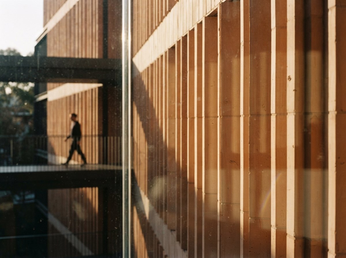 A close-up shot of ribbed terracotta architectural panels in harsh morning sunlight.