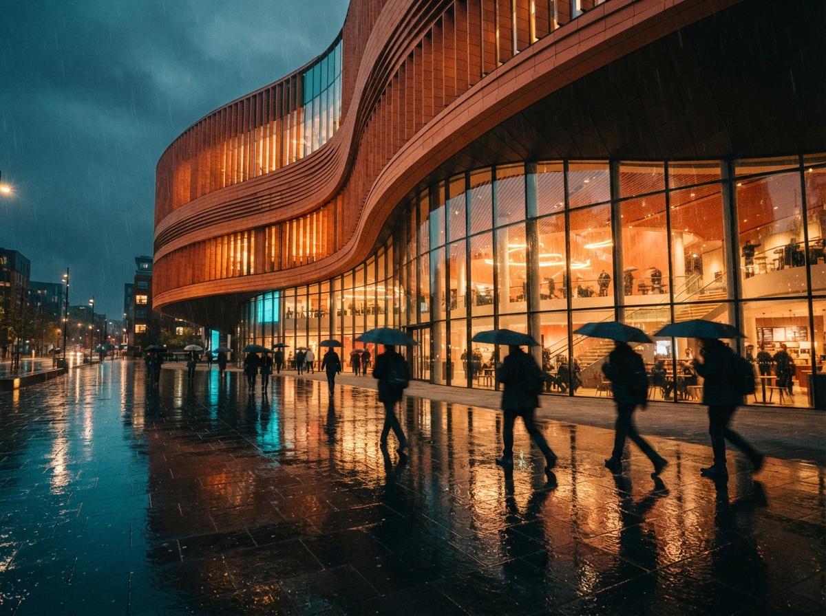 A curved terracotta cultural building glows with vibrant warm lighting against wet plaza pavement at dusk.