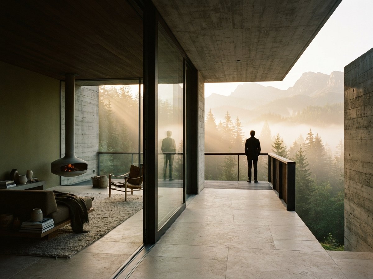 A minimalist concrete pavilion terrace overlooks a misty forest valley during early morning sunrise.