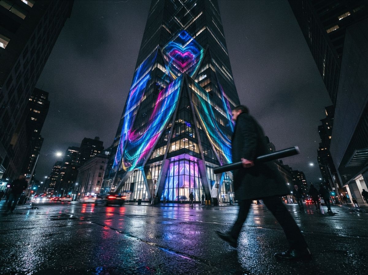A low-angle photograph looks up at a glass skyscraper facade gleaming with cyan and magenta artificial lighting at night.