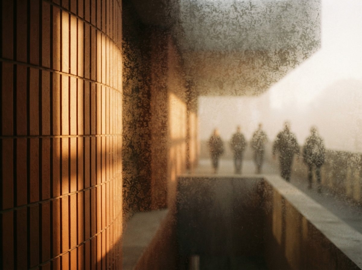 An extreme close-up shot through translucent glass highlights grooved clay facade tiles bathed in golden morning light.
