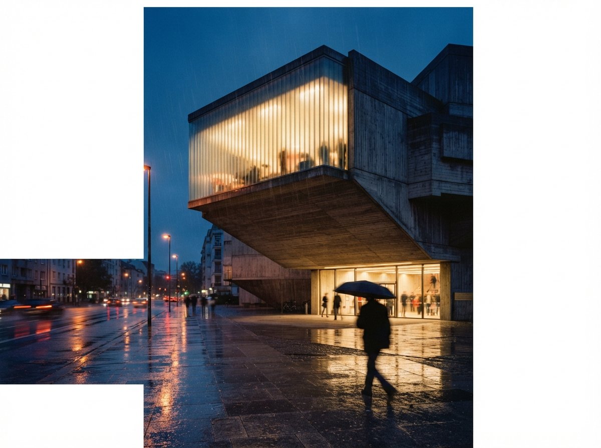 A cantilevered brutalist museum glows at twilight above a rain-soaked urban street.