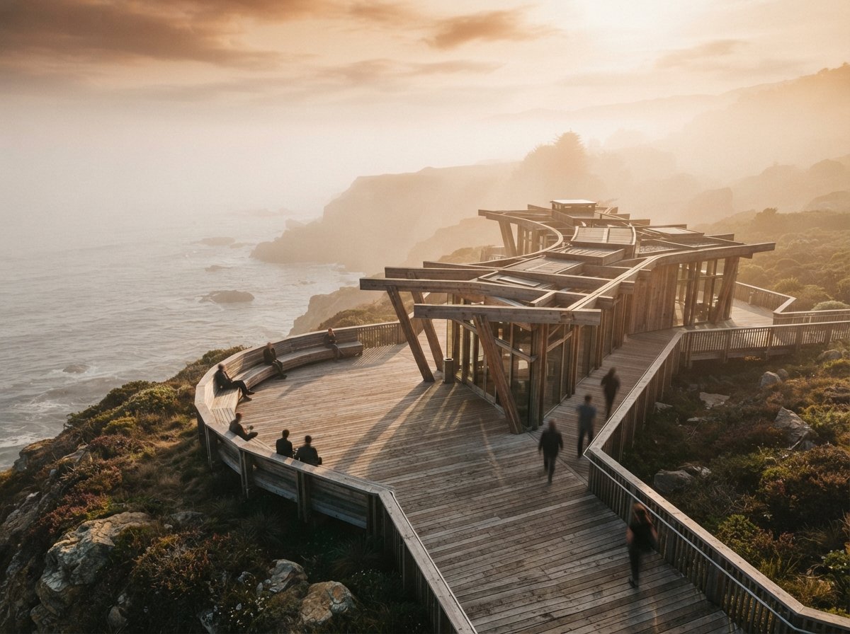 A coastal timber pavilion overlooks a misty cliffside under warm golden hour light.