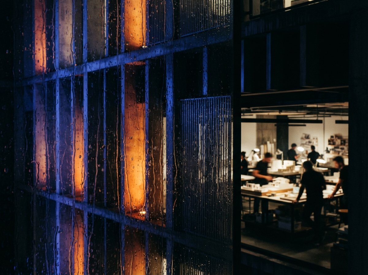 Macro close-up shot through wet glass showing illuminated concrete architectural louvers at night.