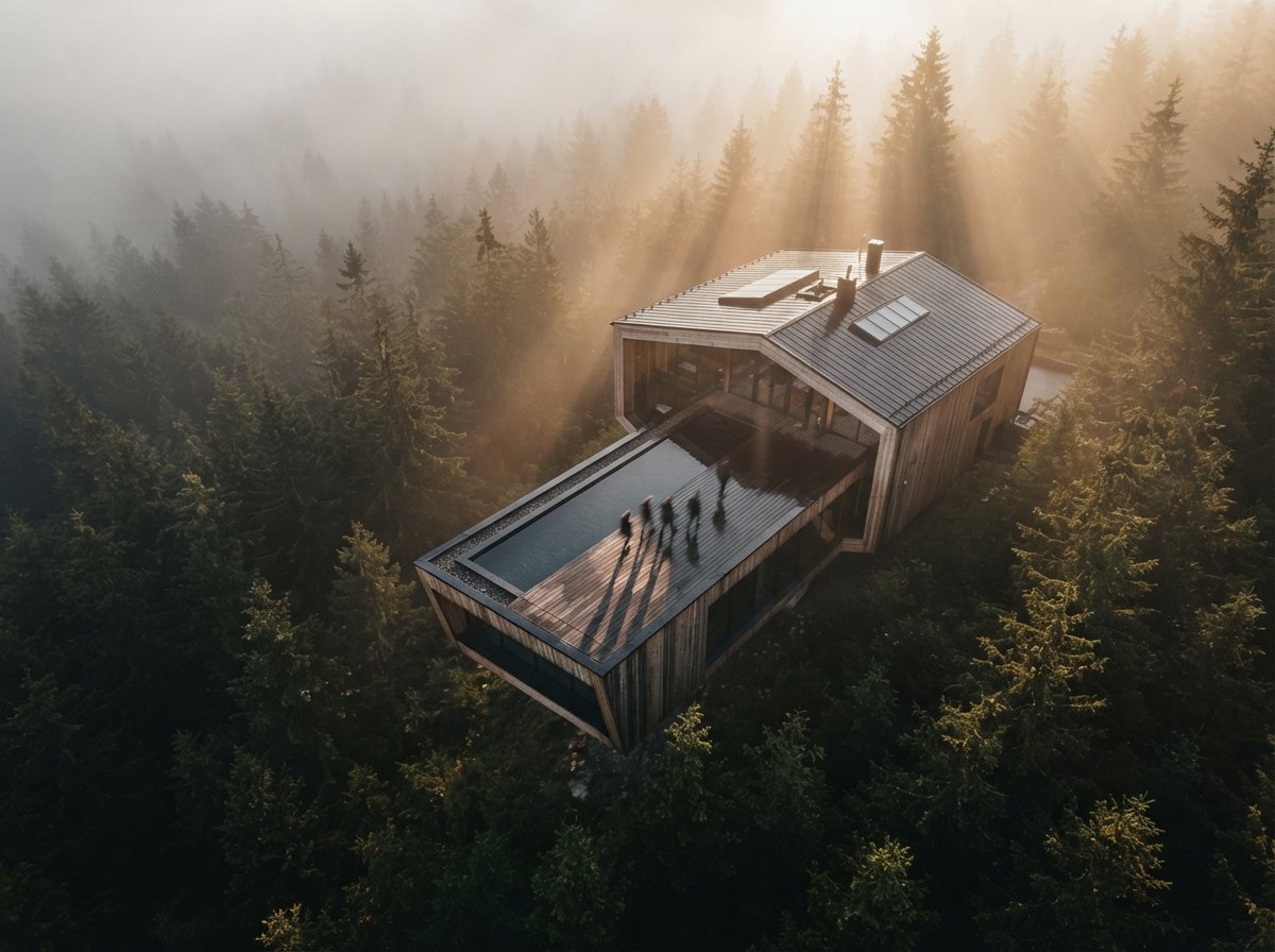 Top-down drone view of a cantilevered timber pavilion surrounded by mist and forest at dawn.
