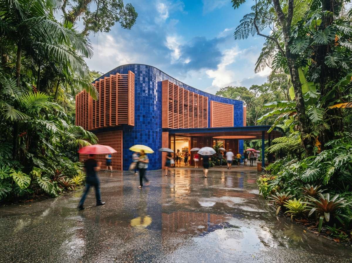 A rain-washed public pavilion with striking cobalt blue and coral ceramic facades reflected in wet plaza tiles.