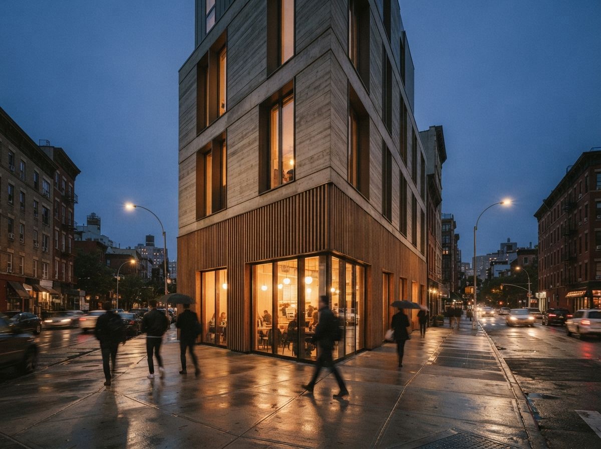 A multi-story urban building with timber screens glows warmly against a dark twilight street.