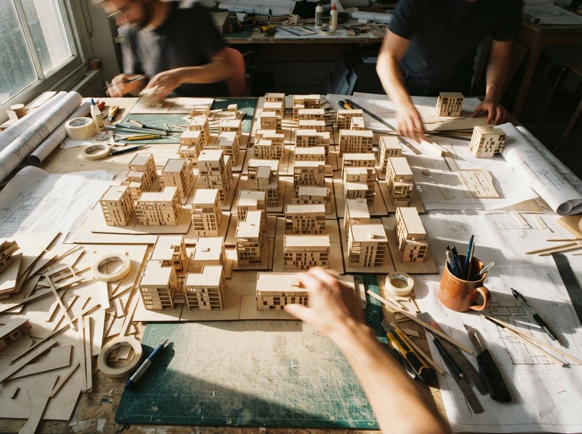 A top-down photograph of an architectural studio workbench with scale models and sun beams creating long shadows.