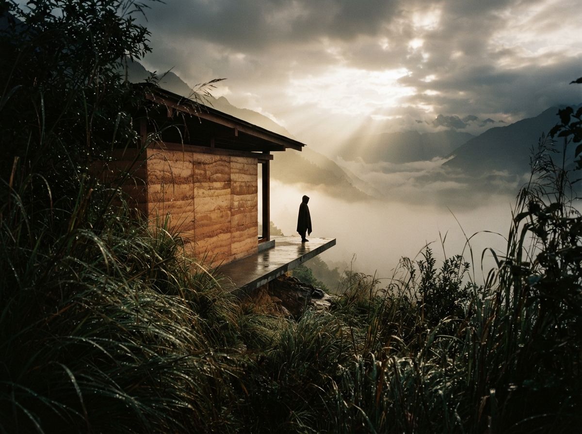 A photograph shot through tall wild grass showing a rammed-earth building on a misty mountain ridge at dawn.
