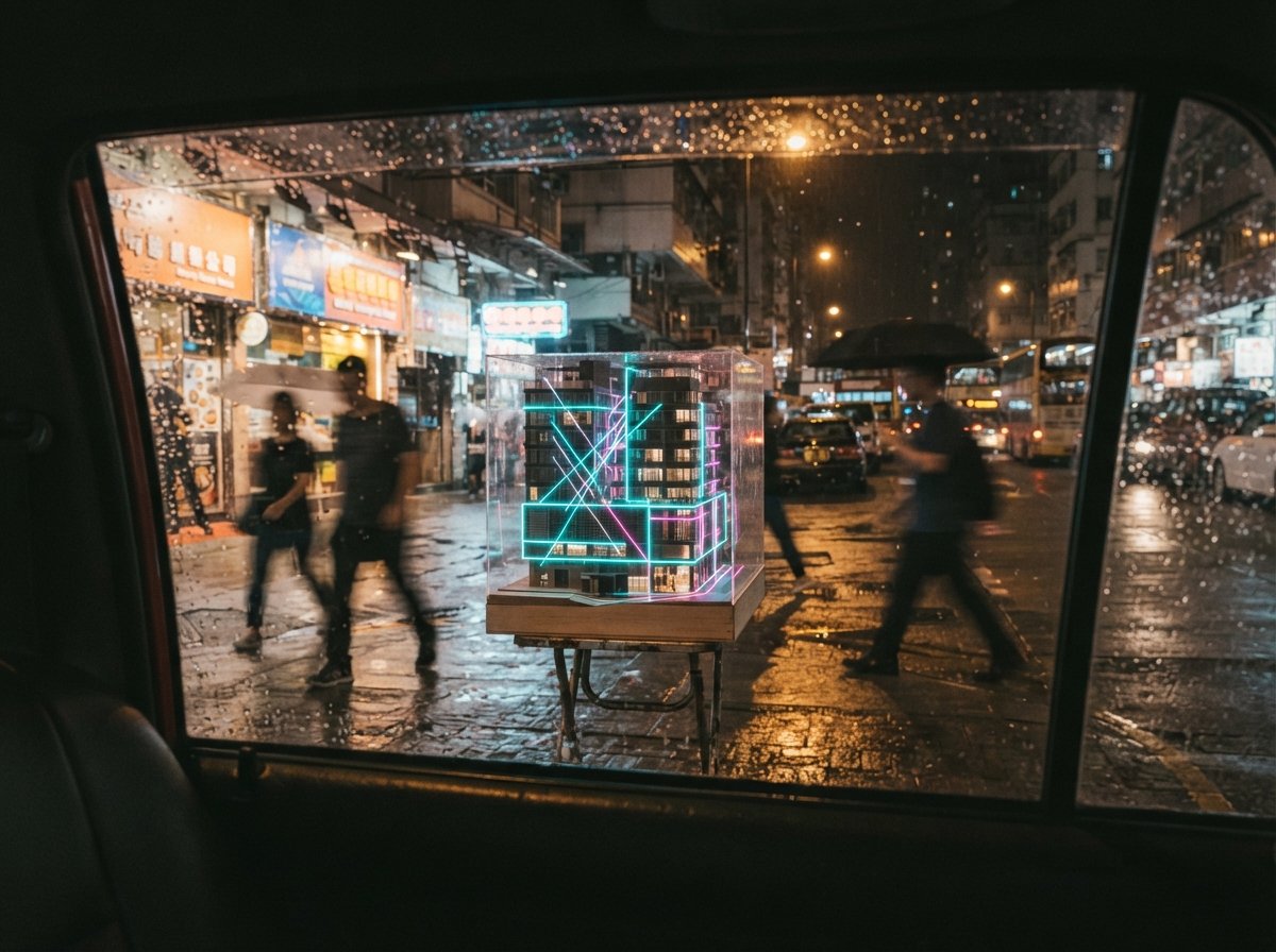 A physical architectural site model on wet pavement at night, lit by projection-mapped light lines framed through a rain-dotted glass window.