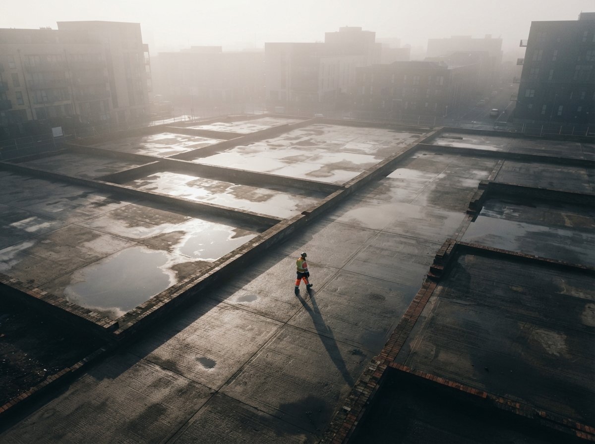 A top-down drone view of a mist-covered urban parcel at dawn with long shadows and reflecting water puddles.