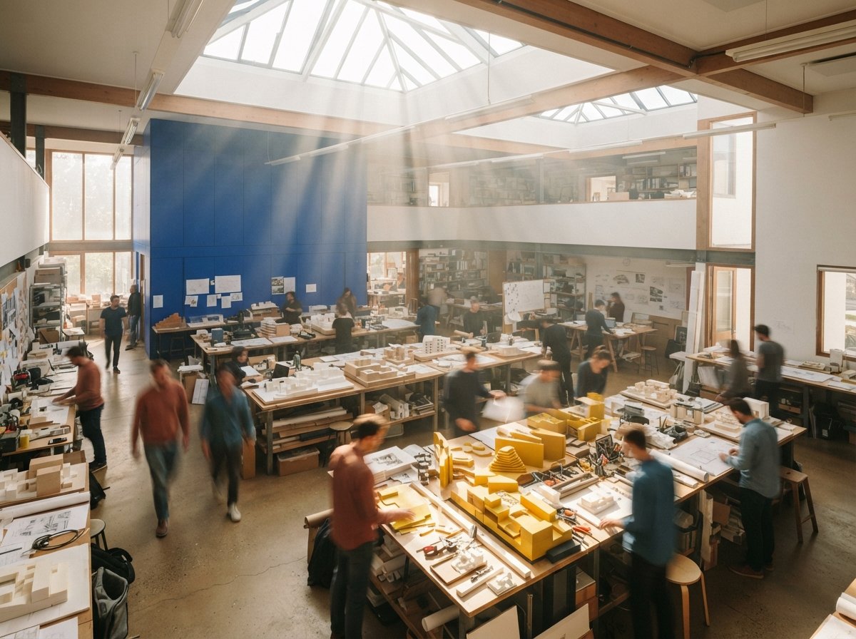 An overhead view of a sunlit architecture studio with architects working around vibrant tables.