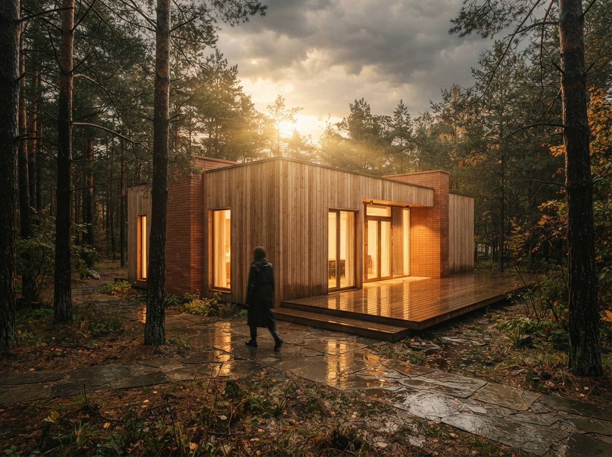 A modern timber and brick pavilion set in a wet forest during golden hour.