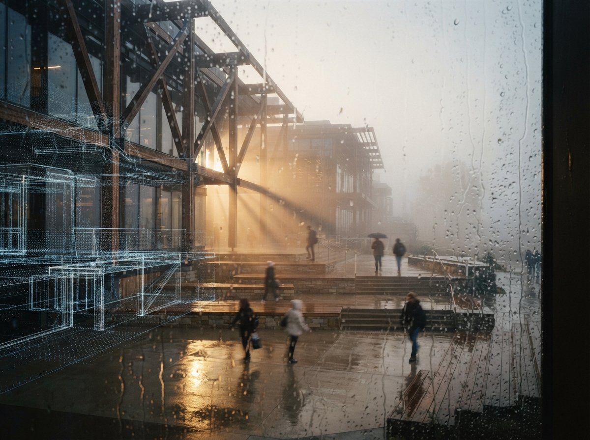 A foggy morning view through glass showing a timber building dissolving into a point-cloud model.