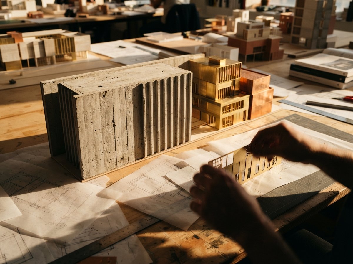 A top-down macro shot of concrete wall textures and brass study models under low sunlight.