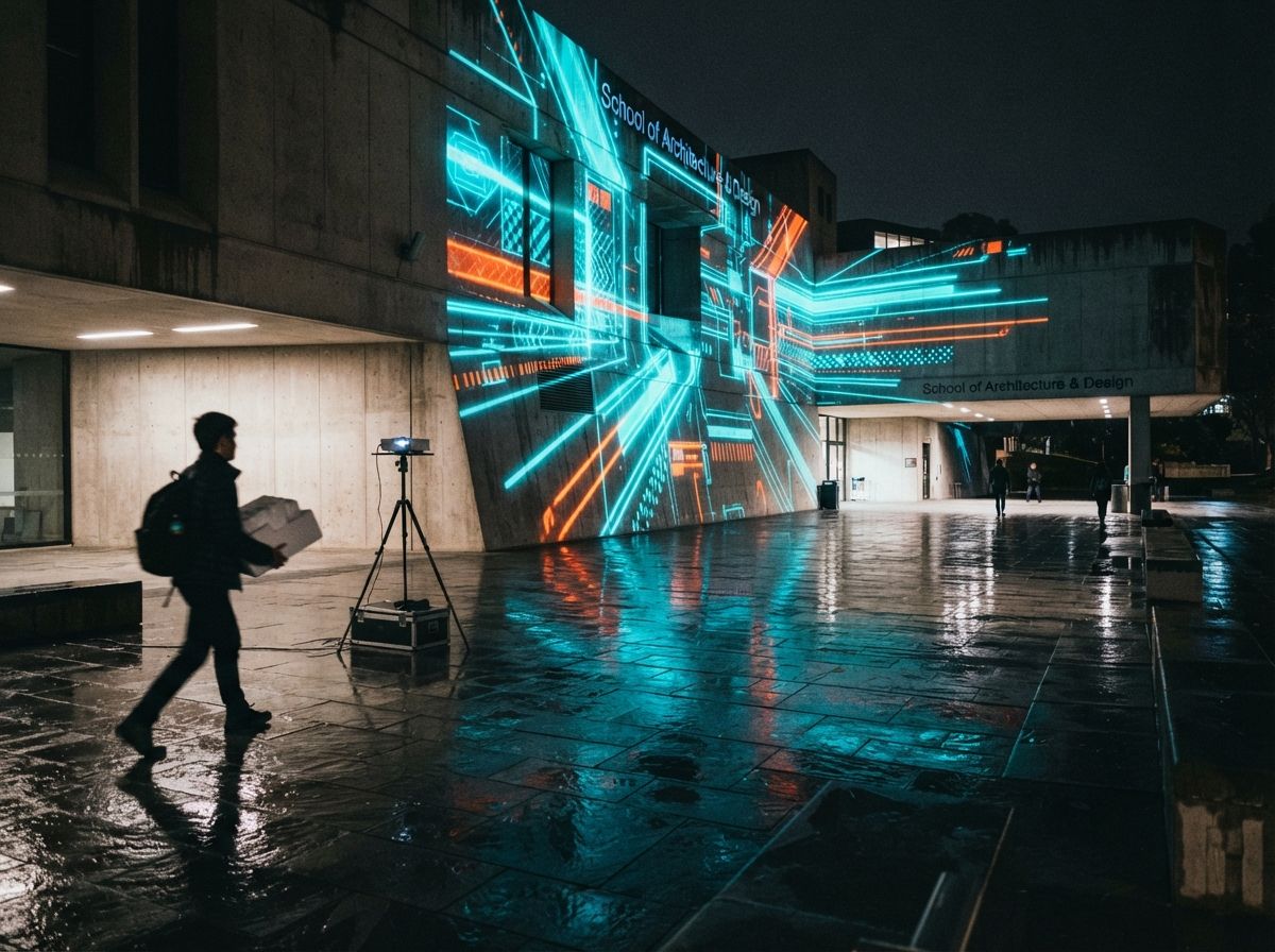 A wet plaza at night illuminated by bright cyan and orange projection mapping onto a concrete facade with reflections on the ground.