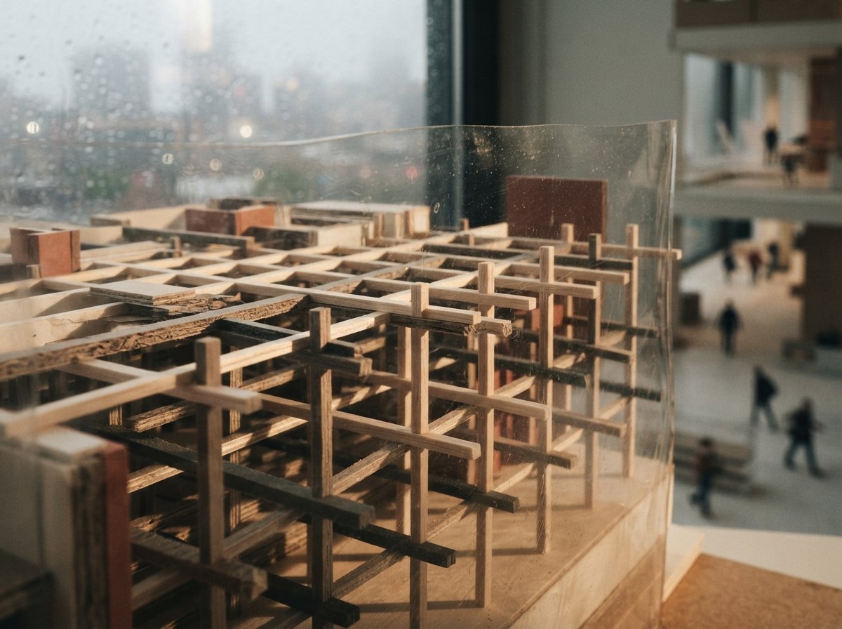 An extreme close-up of a layered physical architectural model illuminated by raking dawn light through a foggy glass window.