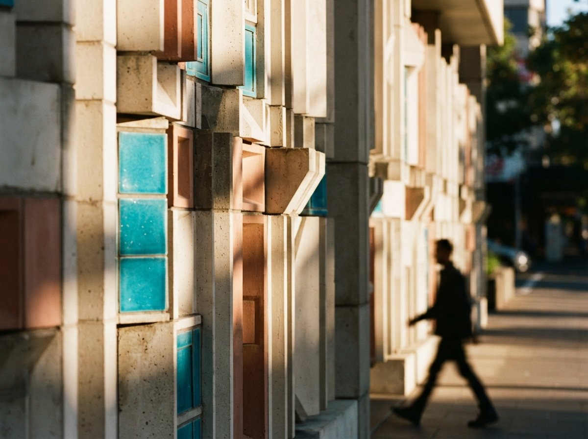 A macro photograph shows morning sunlight casting sharp shadows across a textured turquoise and terracotta architectural facade.