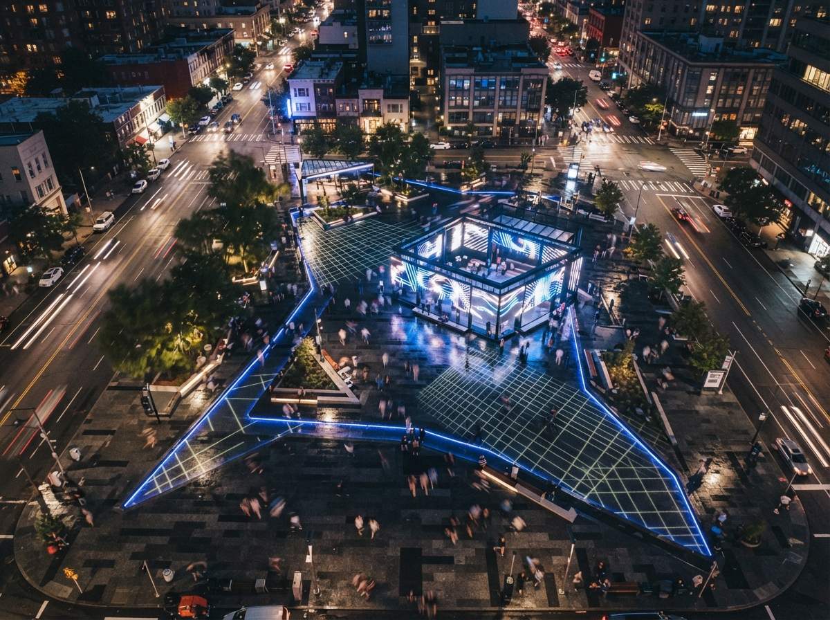 A drone top-down view shows neon lighting and projection grids covering an urban plaza at night.