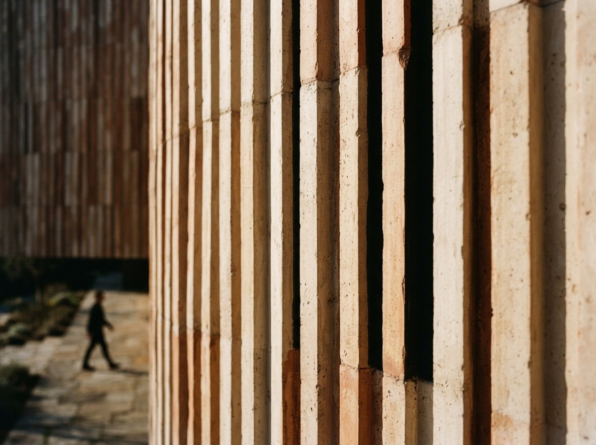 A close-up macro view of vertical terracotta facade fluting in sharp morning sunlight.