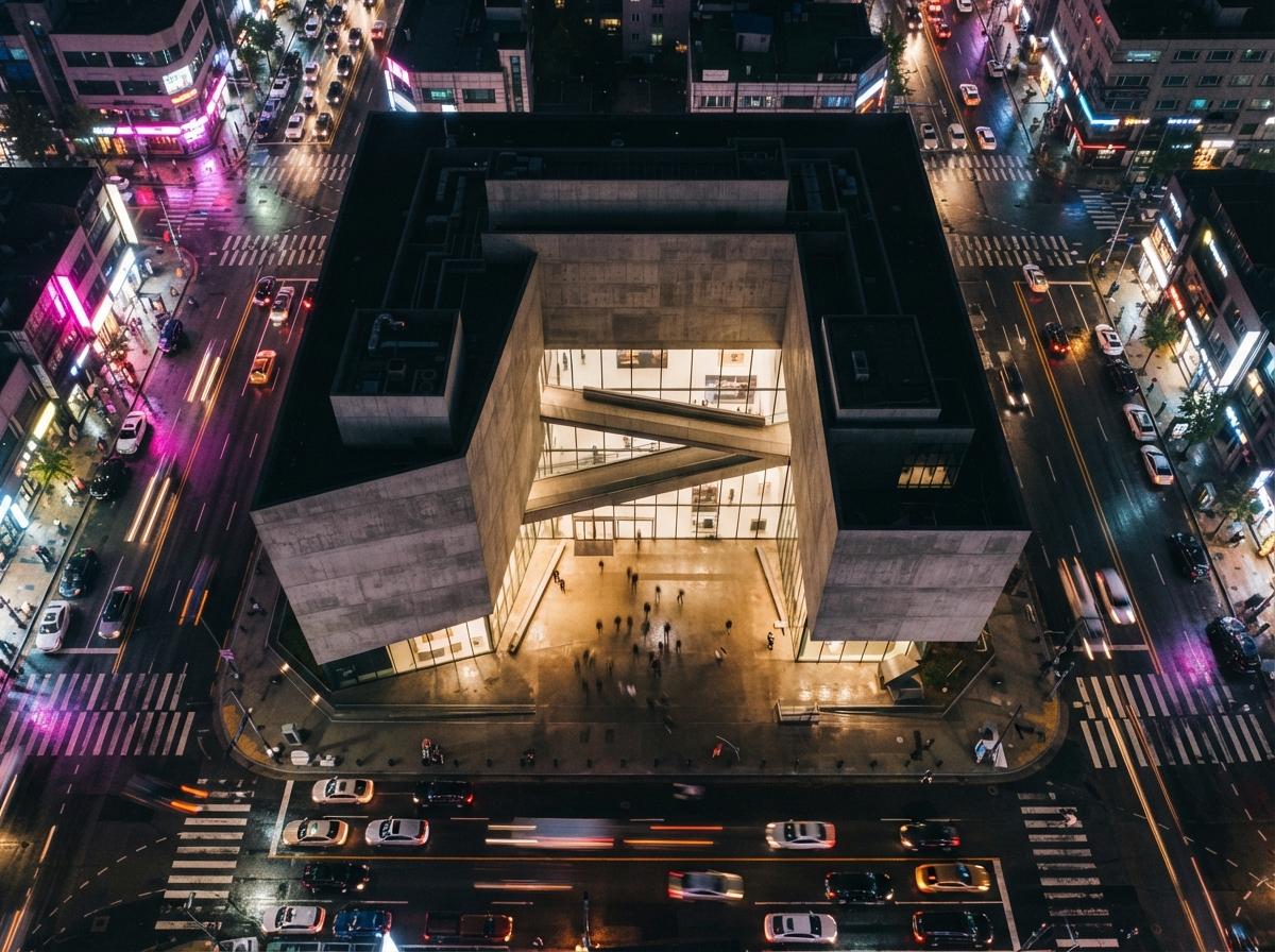 An aerial top-down photo of a cantilevered building and neon light streaks on wet night streets.