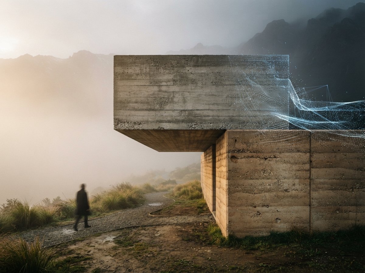 A close-up photograph of a concrete wall in fog transitioning into a digital wireframe mesh at one edge.