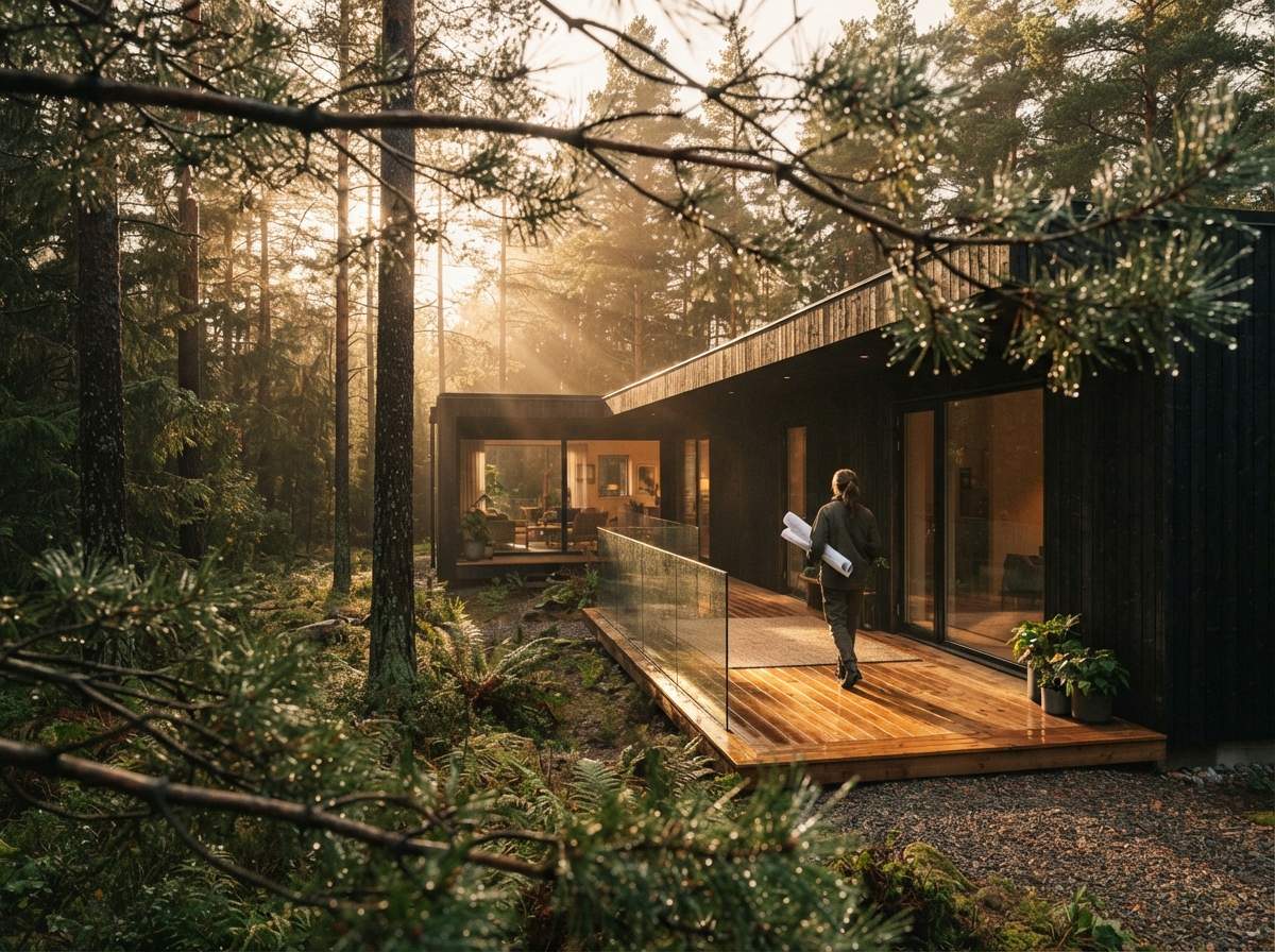 An exterior view of a timber forest pavilion framed through wet pine needles during golden hour.