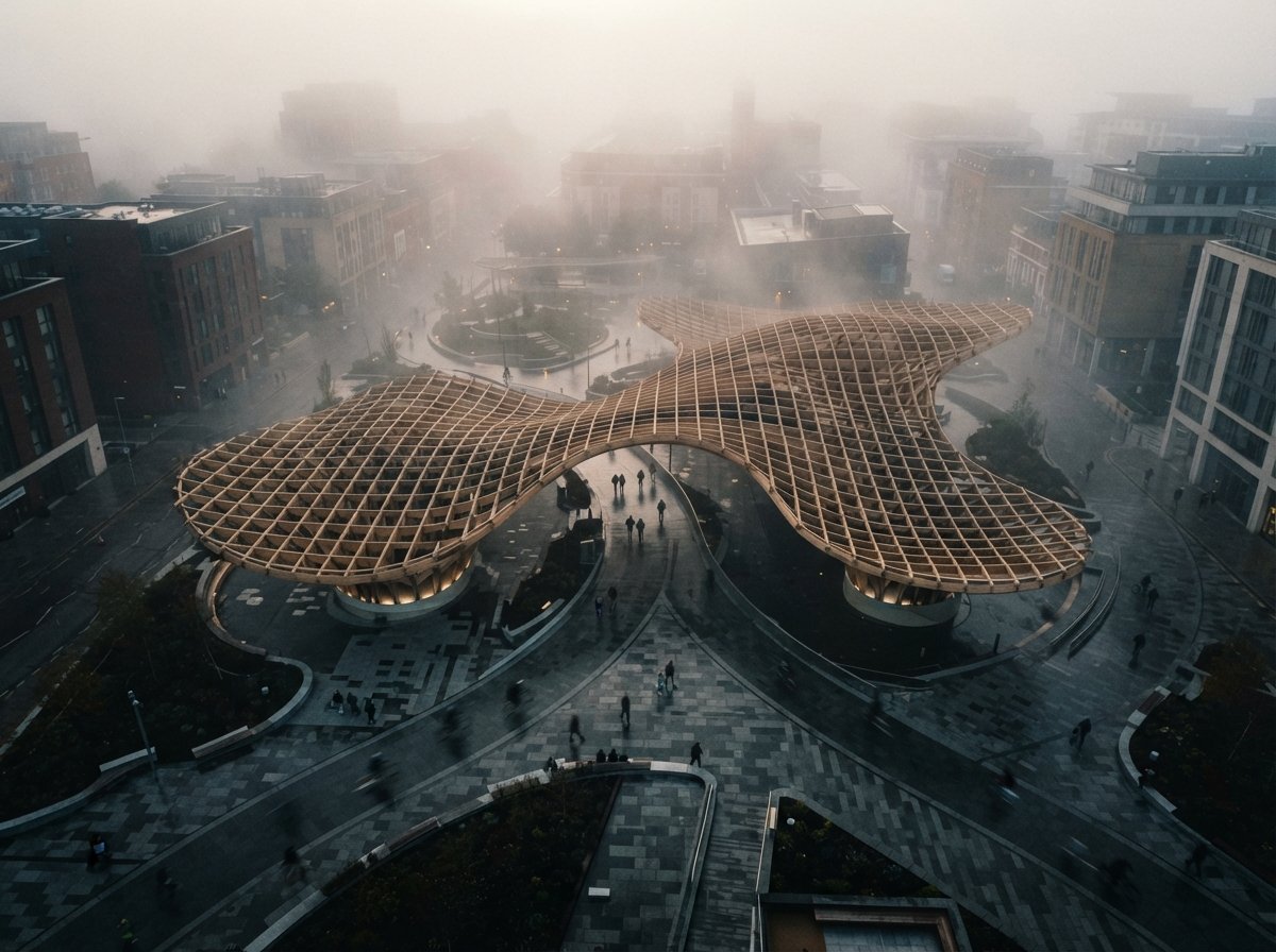 A top-down aerial view of a timber pavilion and walking pedestrians obscured by morning fog in a city plaza.