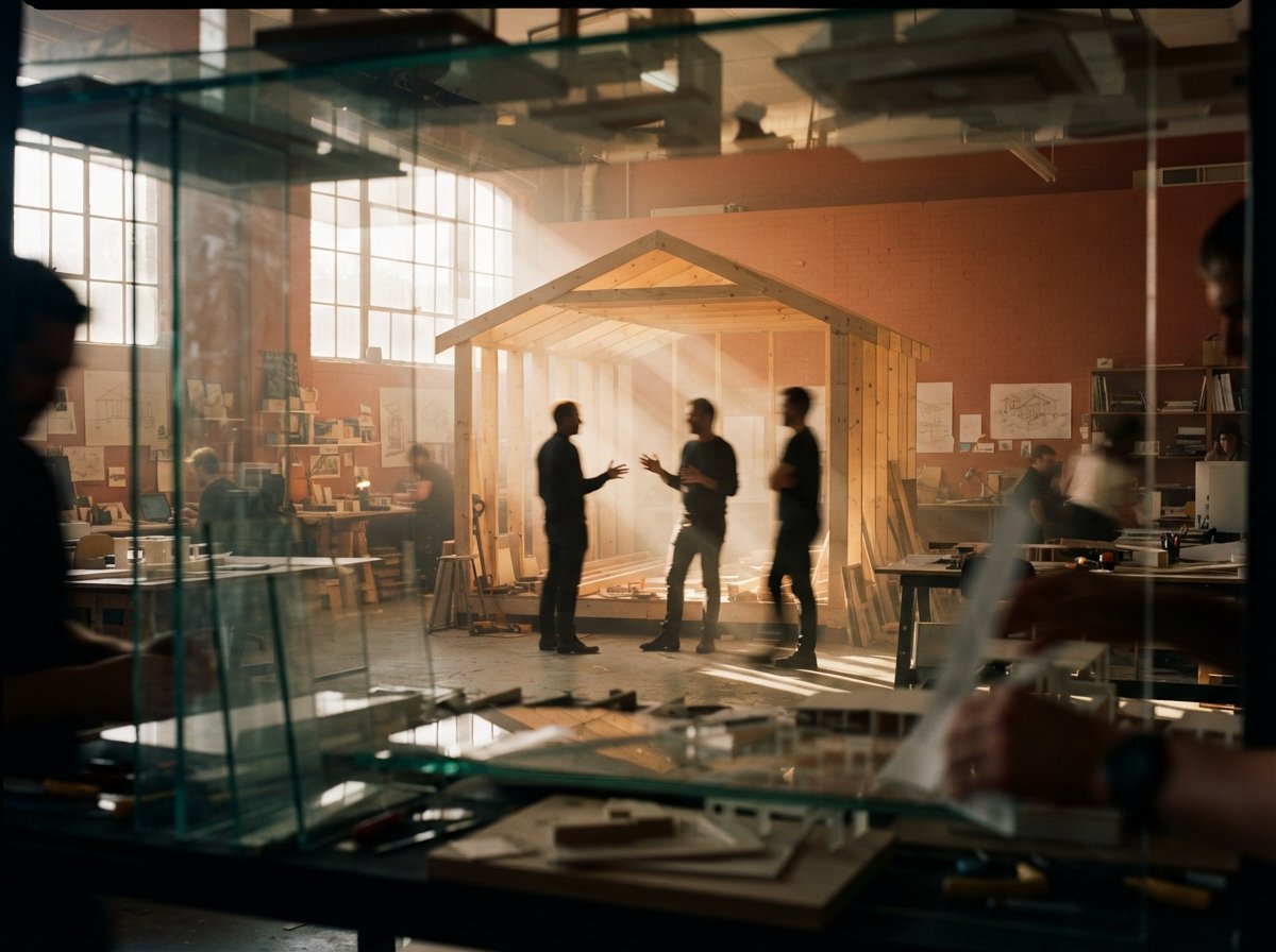 A view through glass panels showing architects working around a sunlit wooden structural prototype in a studio.